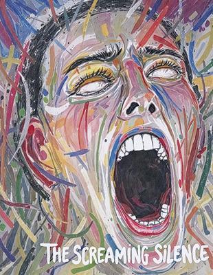 The primary subject of the image is a woman with her mouth open, possibly screaming or yelling. The setting is a colorful and artistic background, which adds to the overall visual style of the image. The colors and mood of the image are vibrant and energetic, with a strong focus on the woman's expression and the surrounding artistic elements.